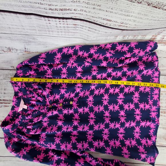 Lilly Pulitzer Silk Janelle Top in Get Hoppy XS Navy Blue Blouse Pink Print Twee - Picture 8 of 9